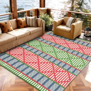 Bohemian Style Outdoor Rug, Double-sided Reversible Plastic Straw Rug Foldable Garden Rug Easy to Clean Modern Geometric Pattern for Patios RVs Balconies Beaches Picnics and Backyards