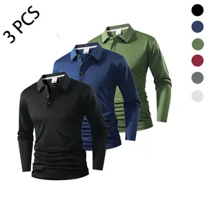 Men's Fashion Long Sleeve Polo Shirt 3 Pack Casual Comfortable Essential Piece in Black Navy and Green
