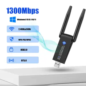Wireless WiFi Adapter AC1300 Network Card with Bluetooth 5.0, 1300Mbps High Speed, USB 3.0, Safe Encryption, Universal for Windows 7/8/8.1/10/11 & Mac OS