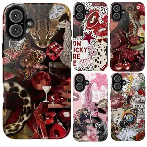 Wild Leopard Collage Phone Case – Retro Red Aesthetic Animal Print Design with Lips, Dice & Cherry Details, Bold Y2K Vibe Gift for Her, Trendy Glam Case Fits iPhone 17, 16, 15, 14, 13, 12, 11, XS & Samsung Galaxy S21–S25