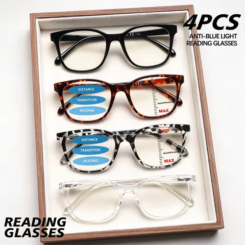 4 Pack Progressive Multifocal Reading Glasses for Women Men Blue Light Blocking, Oval Square Frames in Clear, Tortoise & Solid Black, Flexible Spring Hinges, Lightweight Comfort for Office & Reading