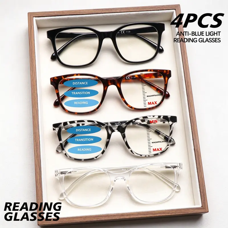 4 Pack Progressive Multifocal Reading Glasses for Women Men Blue Light Blocking, Oval Square Frames in Clear, Tortoise & Solid Black, Flexible Spring Hinges, Lightweight Comfort for Office & Reading
