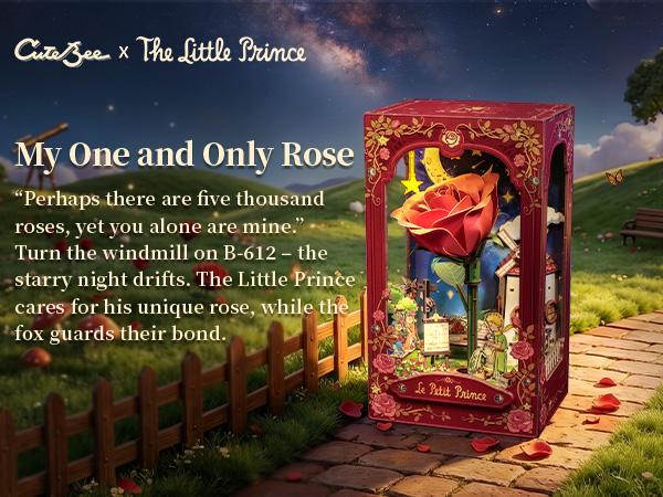 CUTEBEE x The Little Prince Unisex DIY Book Nook Kit - My One and Only Rose, Miniature Bookshelf Insert, Home/House Decor, Whimsical Room Decor Gift for Adults, Whimsical Home Decor