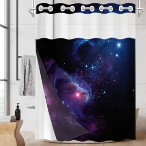 1pc hookless shower curtain with buckle lining, 2D flat printing of purple-blue nebula starry sky design, waterproof fabric lining, double-layered shower curtain with see-through window, 71 x 74 inches, modern home draping curtain.