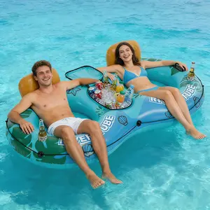 2-Person Inflatable River Tube, Heavy Duty Tube Float for River Pool Lake Beach w/Built-in Cooler & Cup Holders, Ergonomic Backrest, Durable Handles & Grab Rope, 660lb Weight Capacity Inflatable River Tube Float, 2 Person Heavy Duty River Pool Floats