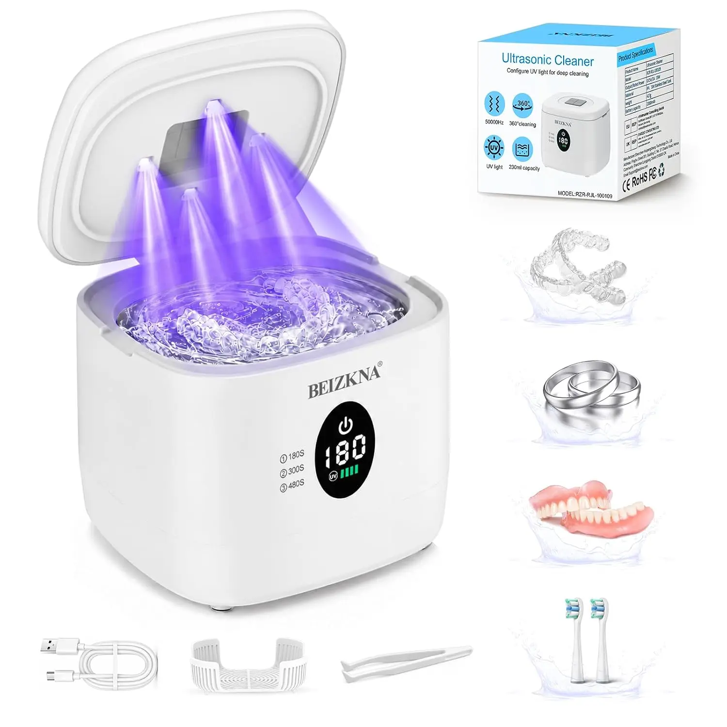 Ultrasonic Retainer Cleaner Machine 50kHz 230ML with 4 UV Lights& Timer Denture Cleaner 3 Modes Deep Cleaning for Retainer Mouth Guards Aligners Night Guards Braces Toothbrush & Jewelry