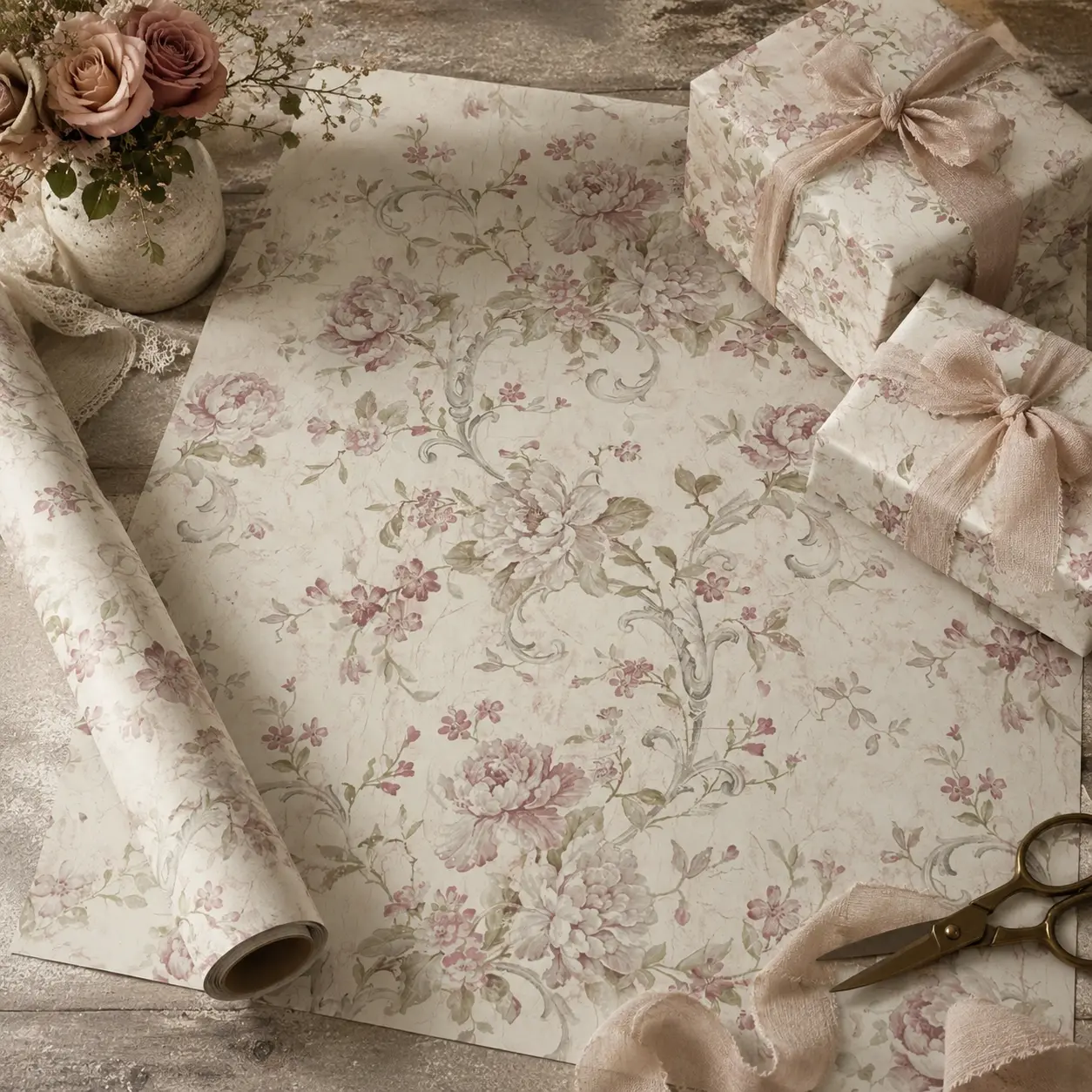 Vintage Peony Damask Scroll Gift Wrapping Paper Sheet - Elegant French Country Floral Wrap for Wedding Anniversary Housewarming
