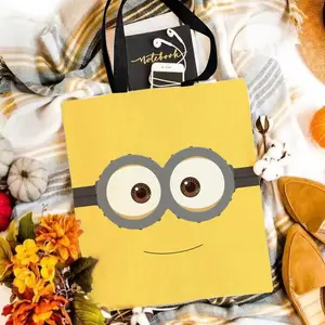 M-MinionS Style Eye Cartoon Storage Bags Canvas Double-Sided Print Black and White Tote Bag Large Capacity Shoulder Students Festive Fashion Eco Outdoor Picnic Travel High Quality Shopping Handbag Machine Washable