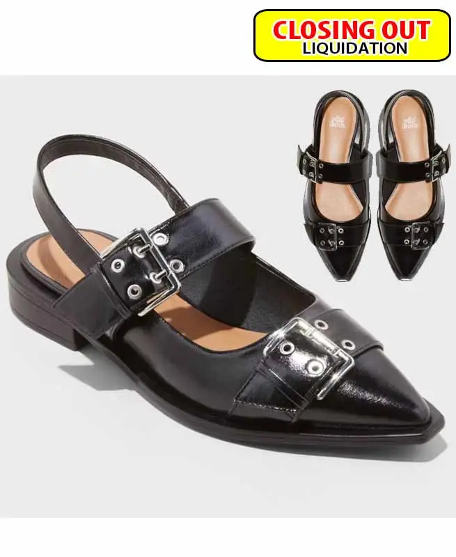 Women's Double Buckle Slingback Flats with Memory Foam Insole - Black