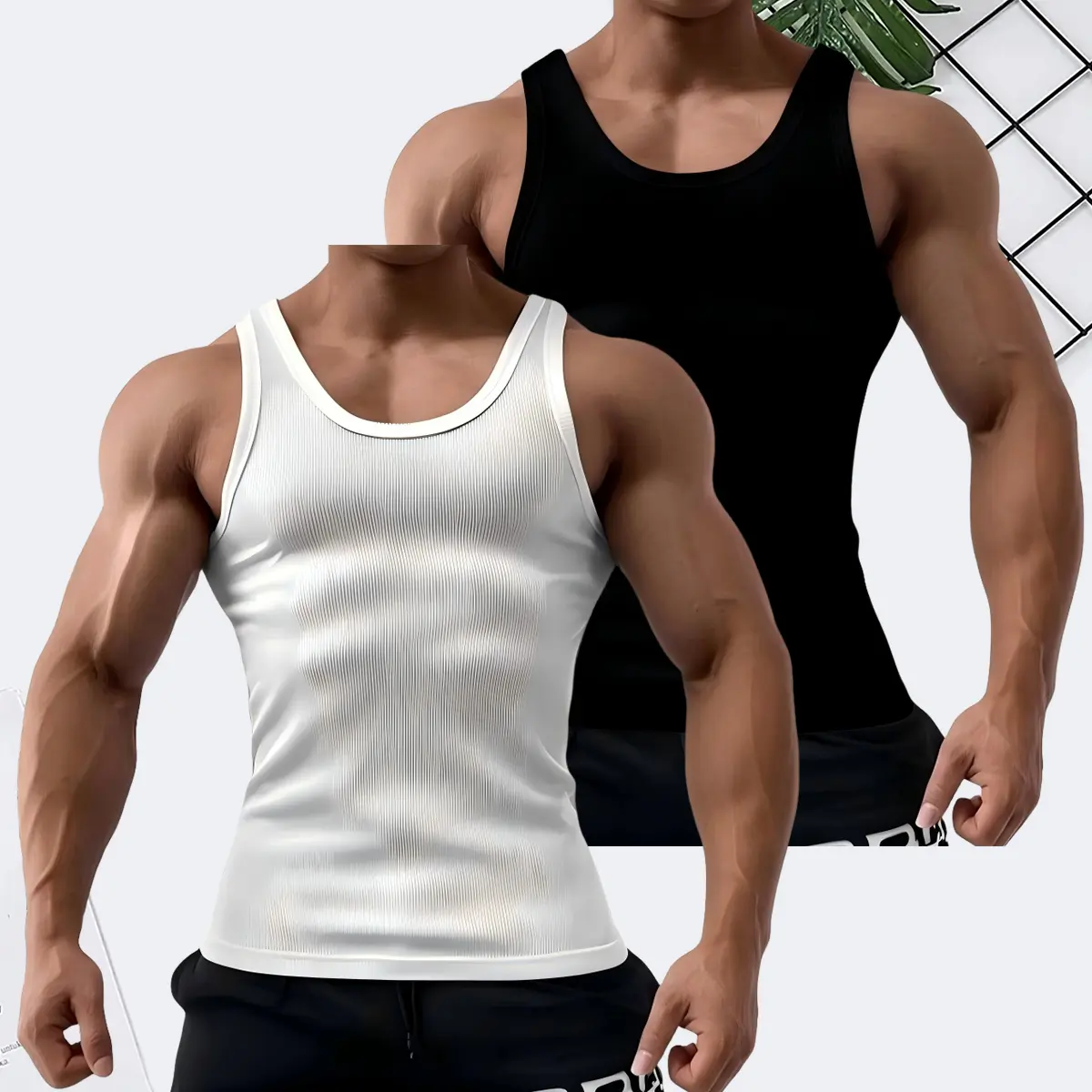 Men’s Basic Plain 2-Pack Ribbed Crochet Fabric Slim Fit Stretch Sleeveless Quick-Dry Undershirts, Viral TikTok Wife Beater Style, Black & White Menswear Combo, Knit
