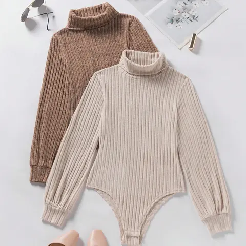 Women's High Neck Long Sleeve Thermal Graphic Bodysuit Set, Autumn Winter Warm Underwear, Comfortable Stretchy Fabric, Casual Wear, Washable Knit