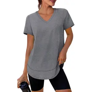 Women's short-sleeve sports yoga top, sun protection clothing, summer apparel, anti-friction, side slit, V-neck, gray, size XL: clothing, footwear and jewelry