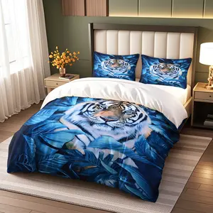 Blue Leaf Tiger Print Bedding Set (1 Fitted Sheet + 2 Pillowcases), Fantasy Natural Style, Soft Comfort, Bedroom Guest Room Decor, Decorative Bedding Set