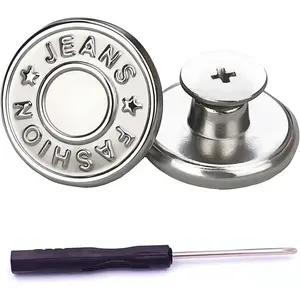 Jeans Buttons, 15 Sets 17mm No-Sew Nailess Removable Metal Jeans Button Replacement Repair Combo Thread Rivets and Screwdrivers