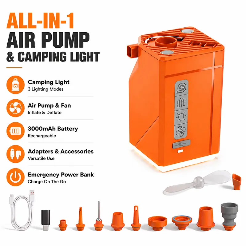 Mini Portable Electric Air Pump - Compact Mini Size Rechargeable USB-Chargeable Fast Inflate-Deflate Tool with LED Camping Light, 5-in-1 Outdoor Camping Portable Tool for Air Mattress, Pool Floats