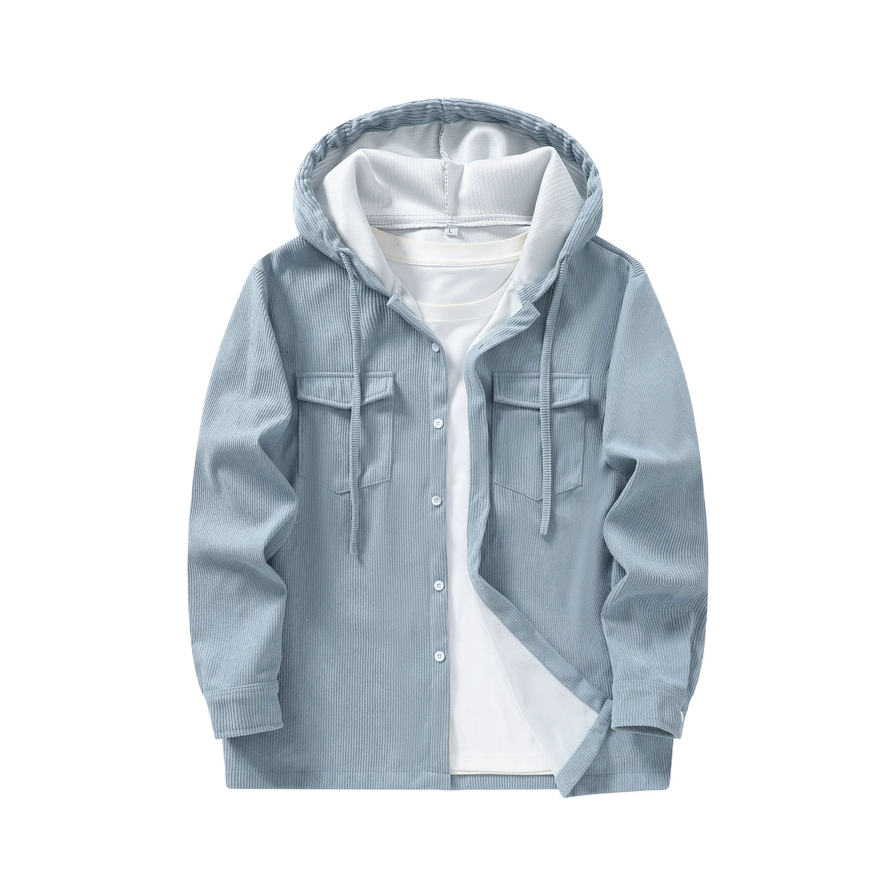 Vintage corduroy shirt jacket for men with hood, button front, drawstring hood, loose oversized shacket coat with chest pockets — autumn casual outfit