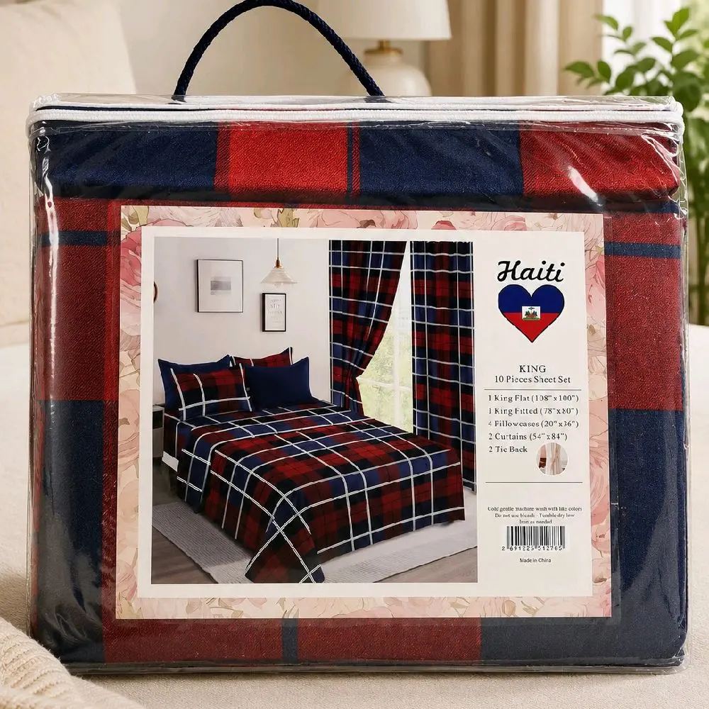 Luxury King 10 Piece Bedding Set with Curtains – Plaid Design