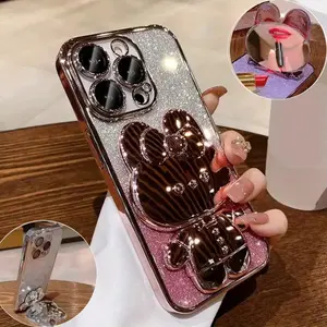 Glitter Makeup Mirror Phone Case with Holder, 4 Corners Thickened Drop-proof Phone Case, Fashion Protective Case for iPhone 16Pro Max 15Pro Max 14Plus 13 12