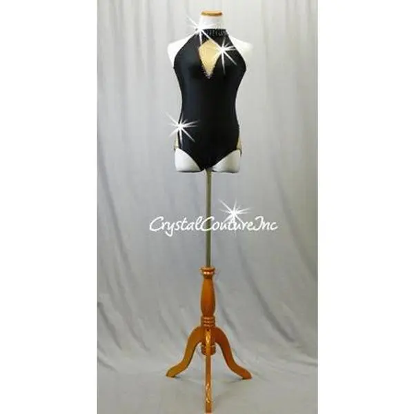 Black Lycra Leotard with Nude Mesh Insets and Open Back - Swarovski Rhinestones