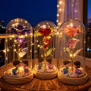 LED Rose Dome Lamp with Illuminated Base - Elegant glass dome floral centerpiece with LED lights; a decorative table ornament for Valentine's Day, Mother's Day, Christmas, birthdays, and graduation ceremonies, suitable for home and office decor.
