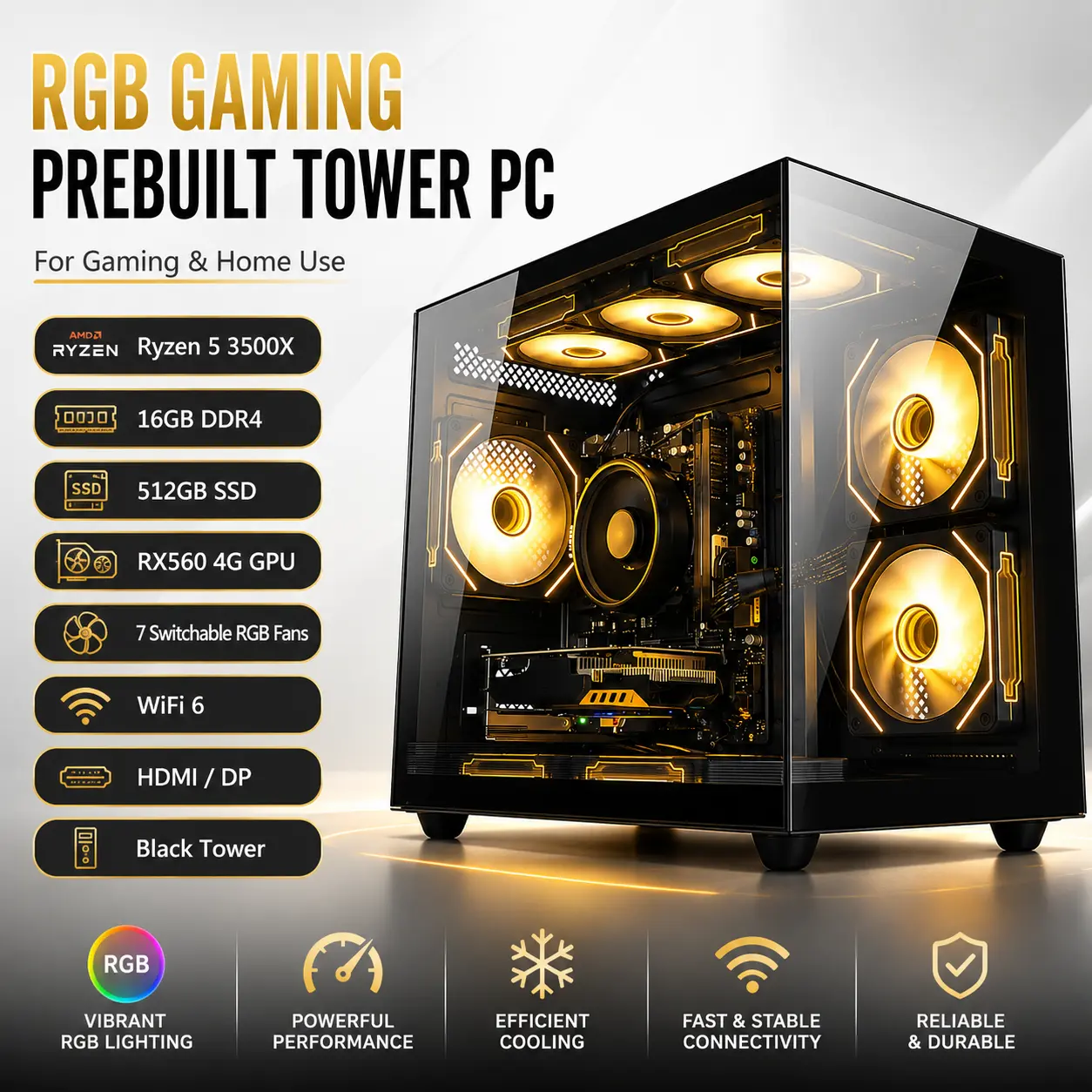 Prebuilt RGB Gaming PC Desktop - AMD R5 3500X, 16GB DDR4, 512GB SSD, RX560 4G GPU, 7 Switchable RGB Fans, WiFi 6, HDMI & DP Ports, Black Tower Computer for Gaming, Home Use & Multi-Display Setup