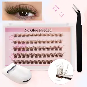 60 Cluster False Eyelashes, No Glue Needed, Fluffy Natural Cat Eye Look, Perfect for Beginners, Includes Tweezers and Lash Curler, Cosmetic