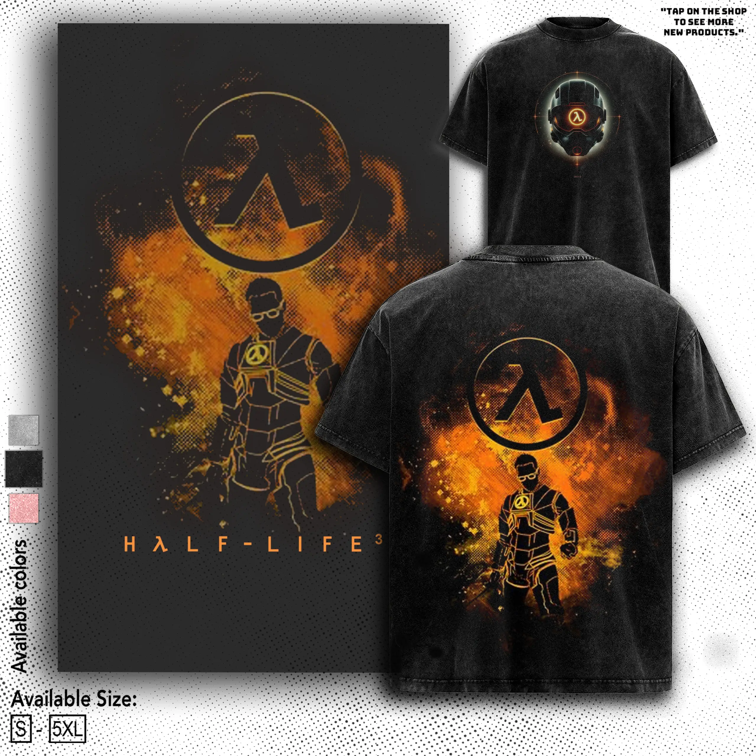 Half-life Washed Unisex Graphic Tees, Casual Crewneck Short Sleeve Washed Tshirt 2 Sided Cotton unisex graphic tees gamer merch, Black Cotton Tee