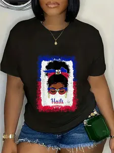 100% Cotton Messy Bun Haitian Haiti Flag Womens Woman Girl T-Shirt