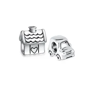 Sterling Silver SUV Jeep Automobile Car & Sweet Heart New Homeowner Family House Charm Bead (Set)