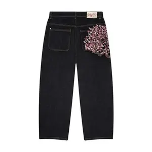 MenWomenCherryBlossomKnightAllEmbroideryDenimPantsY2kVintageBaggyStreetStraightJeansHighWaistedWashedBlueJean Menswear