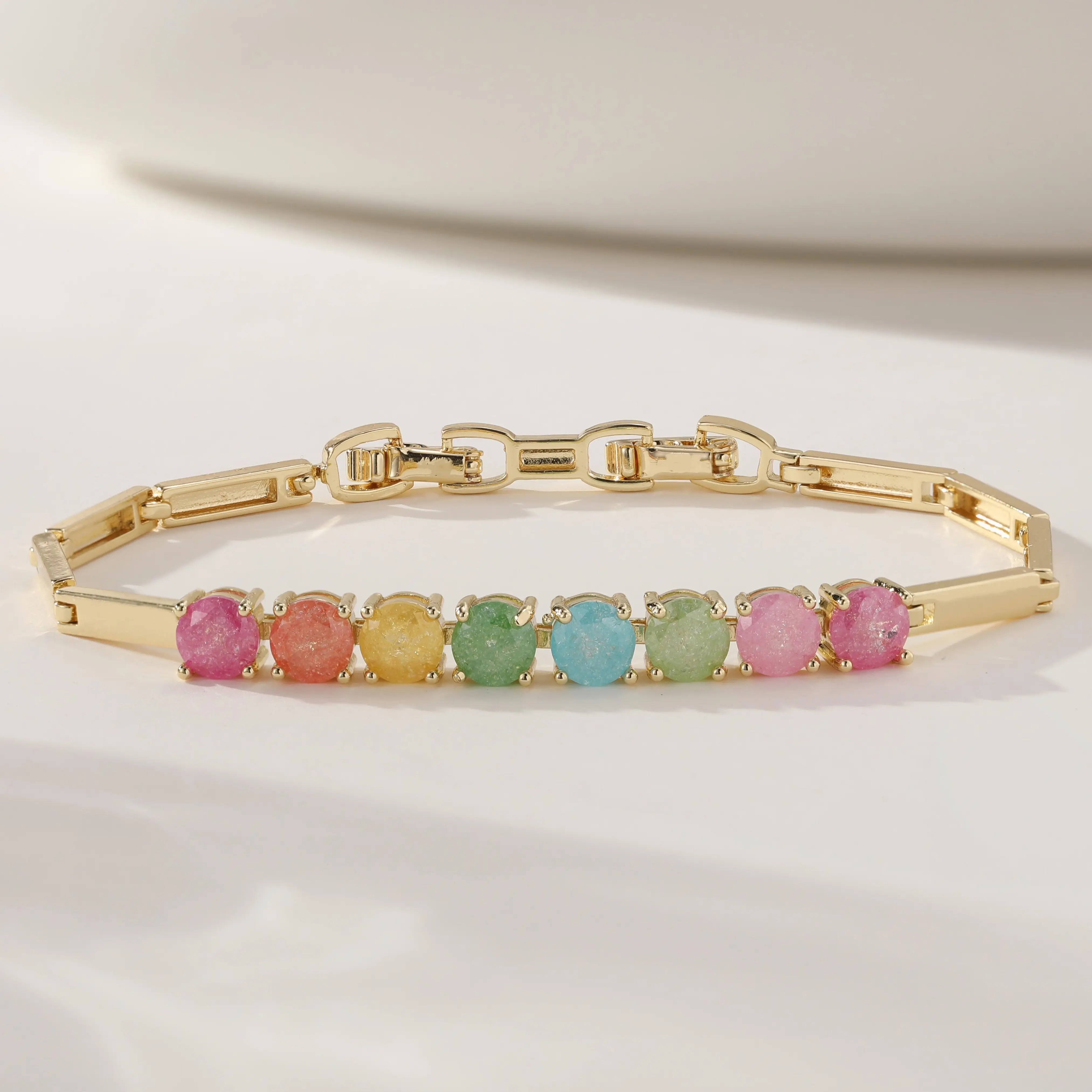 14K Gold Plated Rainbow Crystal Tennis Bracelet for Women, Colorful Multicolor Round Gemstone Link Bracelet, Dainty Candy Color Statement Jewelry Gift for Ladies