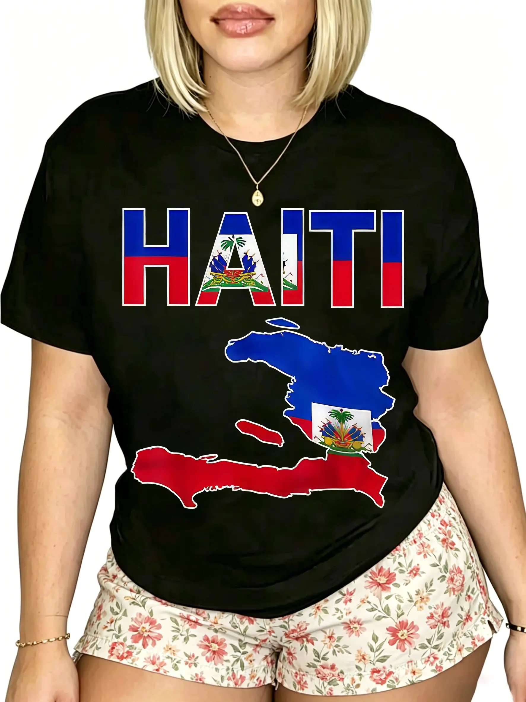 Men's & Women's 100% Cotton Soft Round Neck T-Shirt, Happy Haitian Flag Day Prints, Haiti Flag Map Haitian Pride Design
