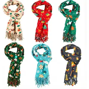 6 count Christmas Scarf with Tassels Bulk for Women Xmas Warm Large Holiday Scarf Wrap , 6 Style, 27 x 71 Inch