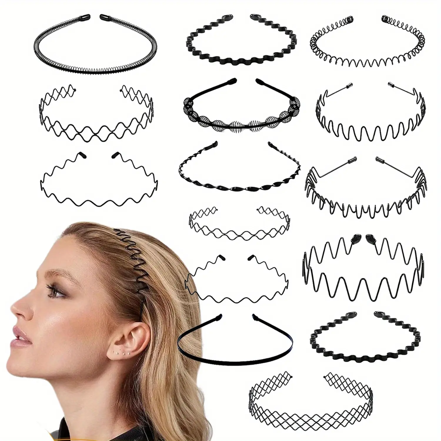 15pcs Adjustable Metal Headband for Men and Women, Non-Slip Head Bands Set, Black Unisex Headbands for Women, Wavy Hair Accessories, Outdoor Sports Hair Accessories, Non-slip Hair Hoop for Home, Outdoor, Sports and Yoga, Birthday Gifts tiktokshopspringglo