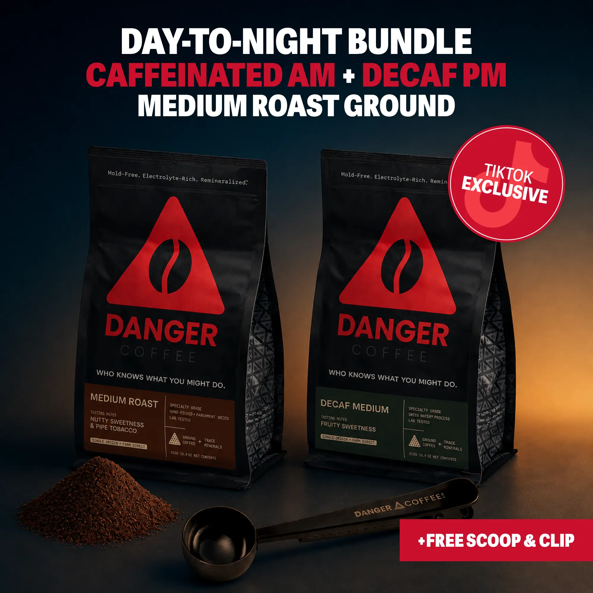 Day-to-Night Bundle - 1x Medium Roast Ground, 1x Decaf Ground + Free Scoop with Clip