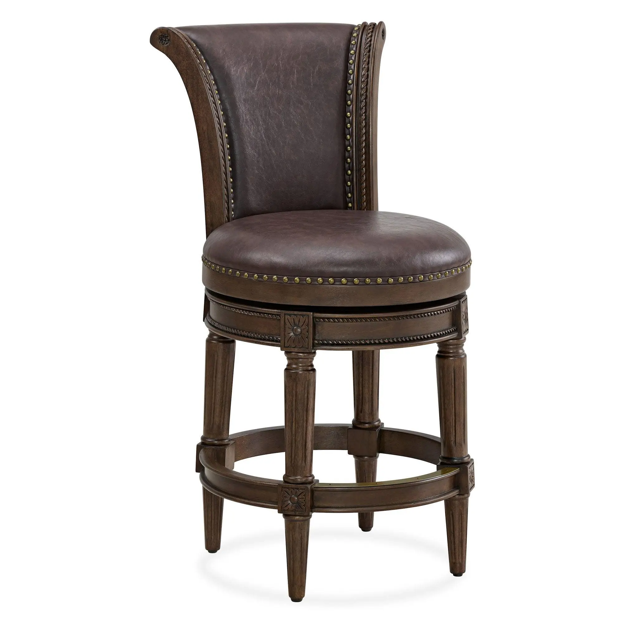 ROME + OAK Runyan Counter Stool, Dark Walnut Finish, Vintage Brown Vegan Leather ROME + OAK Runyan Counter Stool, Dark Walnut Finish, Vintage Brown Vegan Leather
