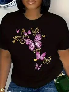 Butterfly Print T-Shirt, Spring And Summer Casual Round Neck Short Sleeves Tops, Women'S Clothing