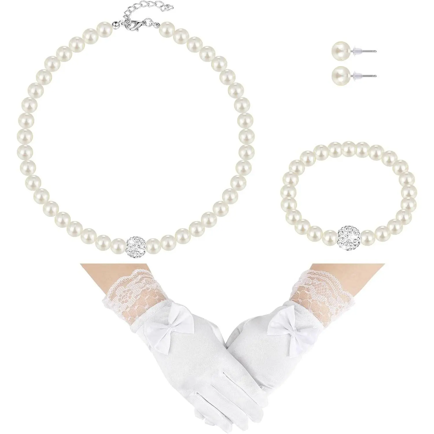 4 count Pearl Necklace Set for   Tea Party Jewelry White Pearl Earrings Bracelet Sets First Communion Gloves Kit for   4-12 Years