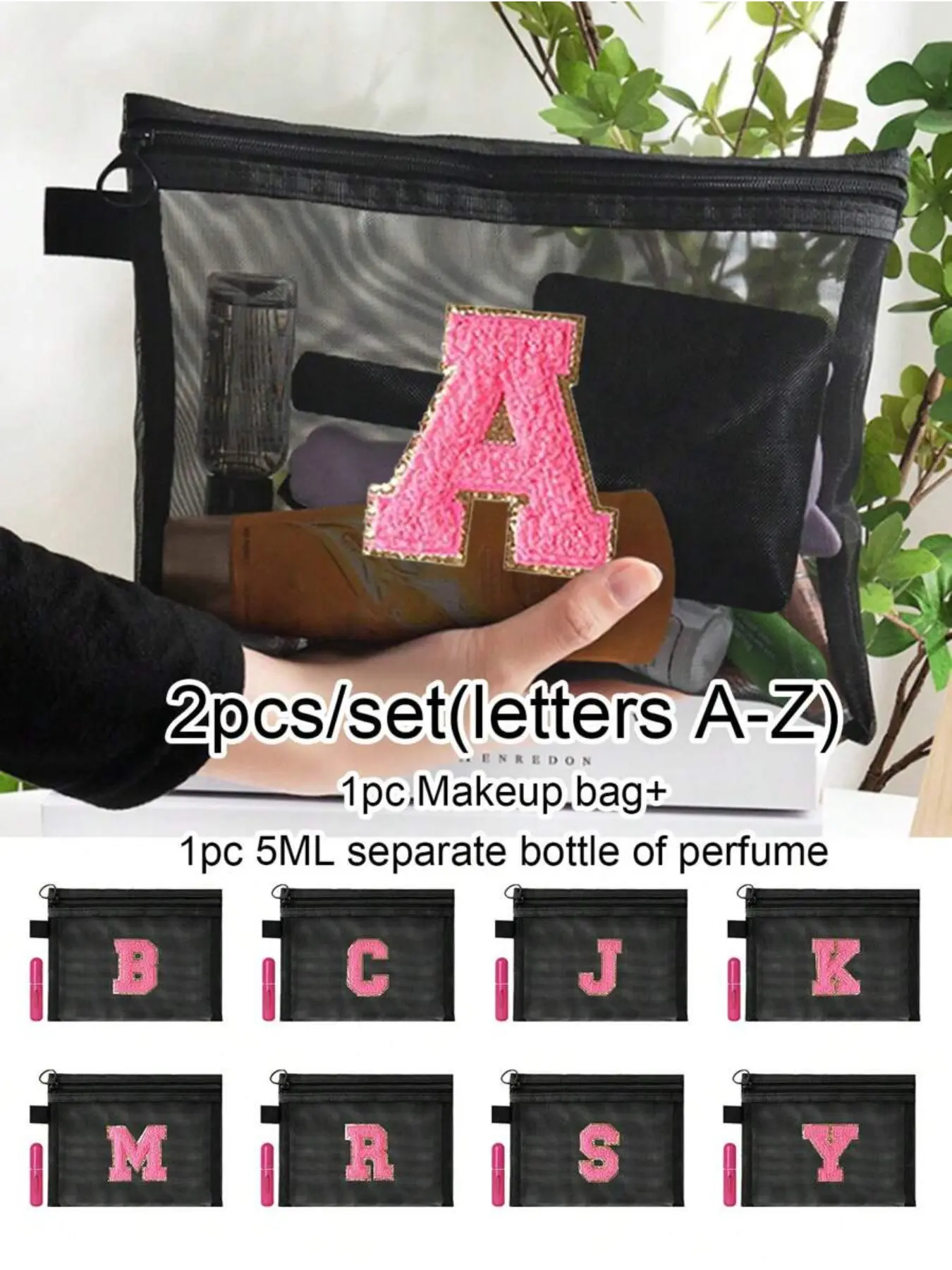 2PCS Black Mesh Bag, Large Capacity With Rose Name Initials, Towel Embroidered Letters A-Z, Transparent Mesh Cosmetic Storage Bag, Multi-Functional Travel Portable Bag, Lipstick Skincare Product Storage Washing And Makeup Bag, Student Stationery Bag