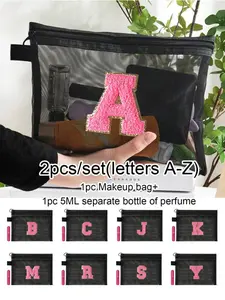 2PCS Black Mesh Bag, Large Capacity With Rose Name Initials, Towel Embroidered Letters A-Z, Transparent Mesh Cosmetic Storage Bag, Multi-Functional Travel Portable Bag, Lipstick Skincare Product Storage Washing And Makeup Bag, Student Stationery Bag