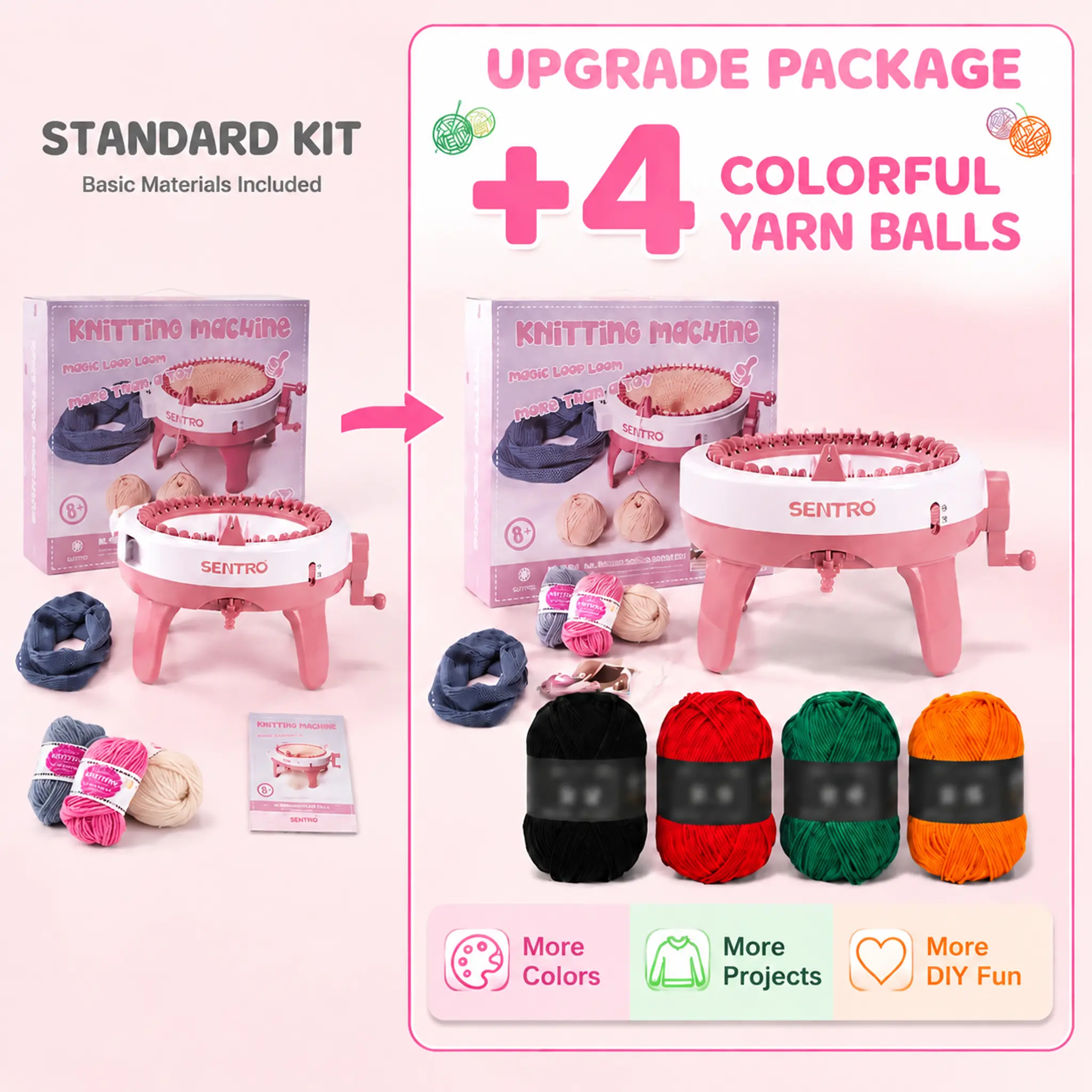 Plastic 40-Needle Hand-Cranked Knitting Machine Kit, Handcrafting DIY Tool with 4 Extra Yarns for Hats, Scarves, Gloves