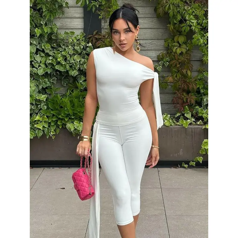 Women's Solid Asymmetrical Neck Knot Design Top & High Waist Capri Pants Two-piece Set, Elegant Fashion Ruched Top & Skinny Capri Trousers for Daily Outdoor Wear, Ladies Summer Clothes Womenswear Suits Gamis Basic Minimalist Sleeveless