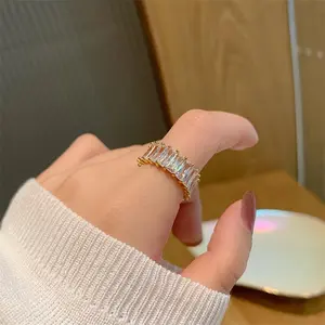Cubic Zirconia Baguette Open Adjustable Ring Crystal Princess Cut Rectangle Stacking Statement Finger Bands Eternity Rings Luxury Jewelry Gifts for Women Bff