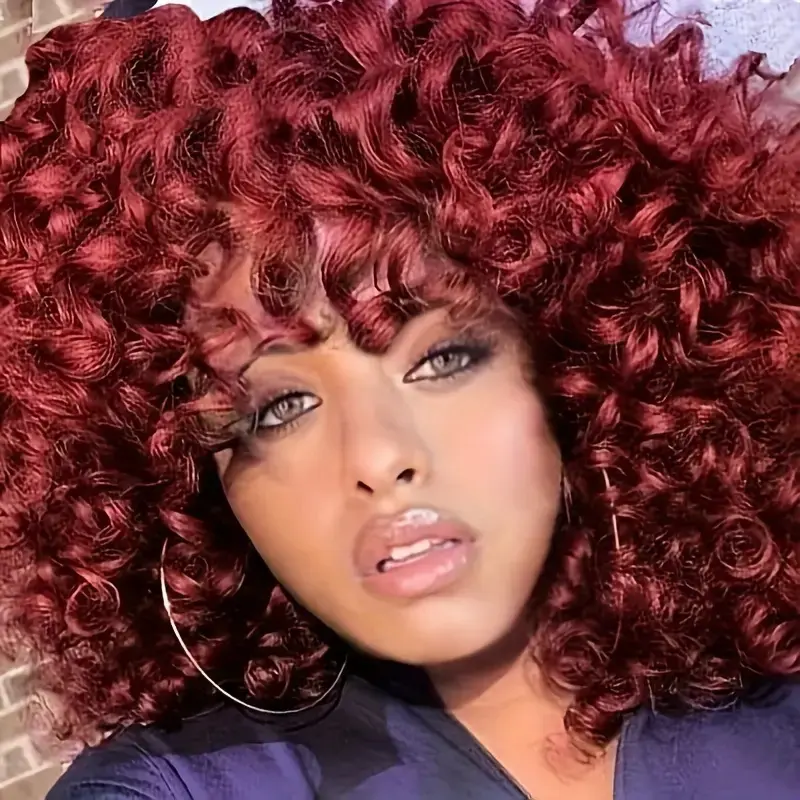 Synthetic Heat Resistant Wig Bouncy Full Curly Wig With Bangs 14 Inch BUG Chemical Fiber Wig With Bangs Daily Used Easy To Wear Beginner Friendly Big Bouncy Fluff Curly Wig Fluffy Wig