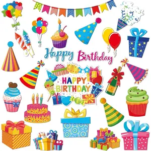 25 Pcs Happy Birthday Cruise Door Magnets Decorations Reflective Colorful Magnetic Stickers Car Magnets Decorations Banner Cake Box Balloon for Cruise Door Birthday Party Metal Surface Decor Decorative Eye beaded flowers