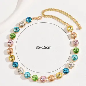 Women's Bohemian Geometric Choker Necklace - 14"+6" Adjustable, Colorful Glass Rhinestones, Female Fashion Costume Jewelry, Party Statement Gift Accessory