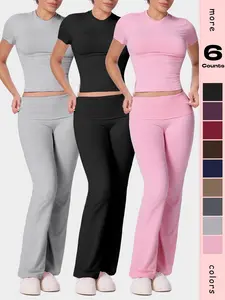 Women's Solid Color Short Sleeve Top & Flare Leg Pants Loungewear, Casual Comfy Two-piece Lounge Set, Ladies Loungewear for All Seasons, Pajama Set