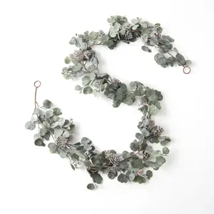 Candlelit Evenings - Faux Dusty Green Silver Dollar Eucalyptus & Pinecone Christmas Mantel Garland or Winter Table Runner