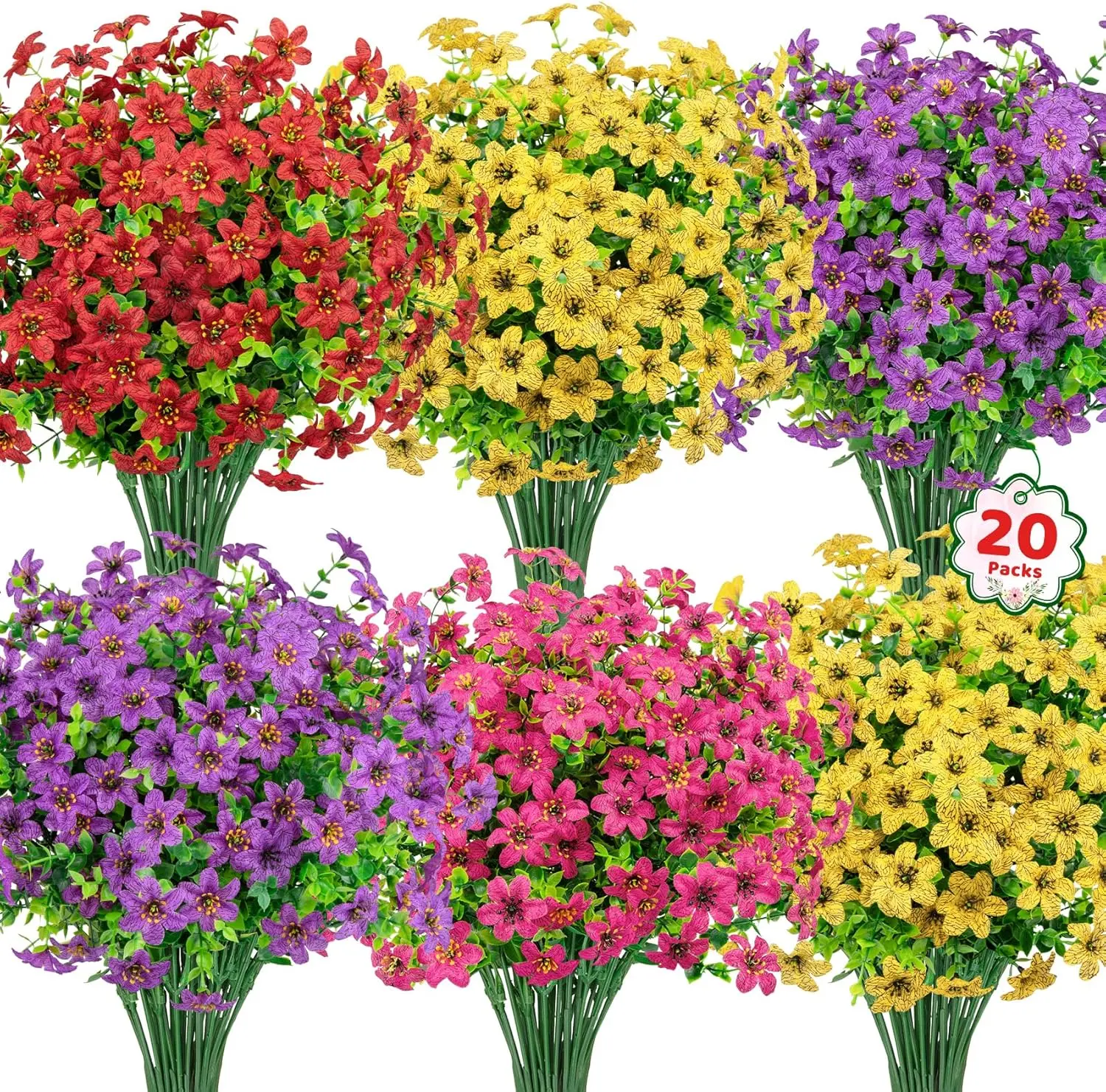 20 Bundles Artificial Flowers for Outdoors, Fake Silk Flowers UV Resistant Faux Realistic Plastic Plants for Spring Summer Porch Patio Garden Planter Window Box Home Decor, Mixed Color