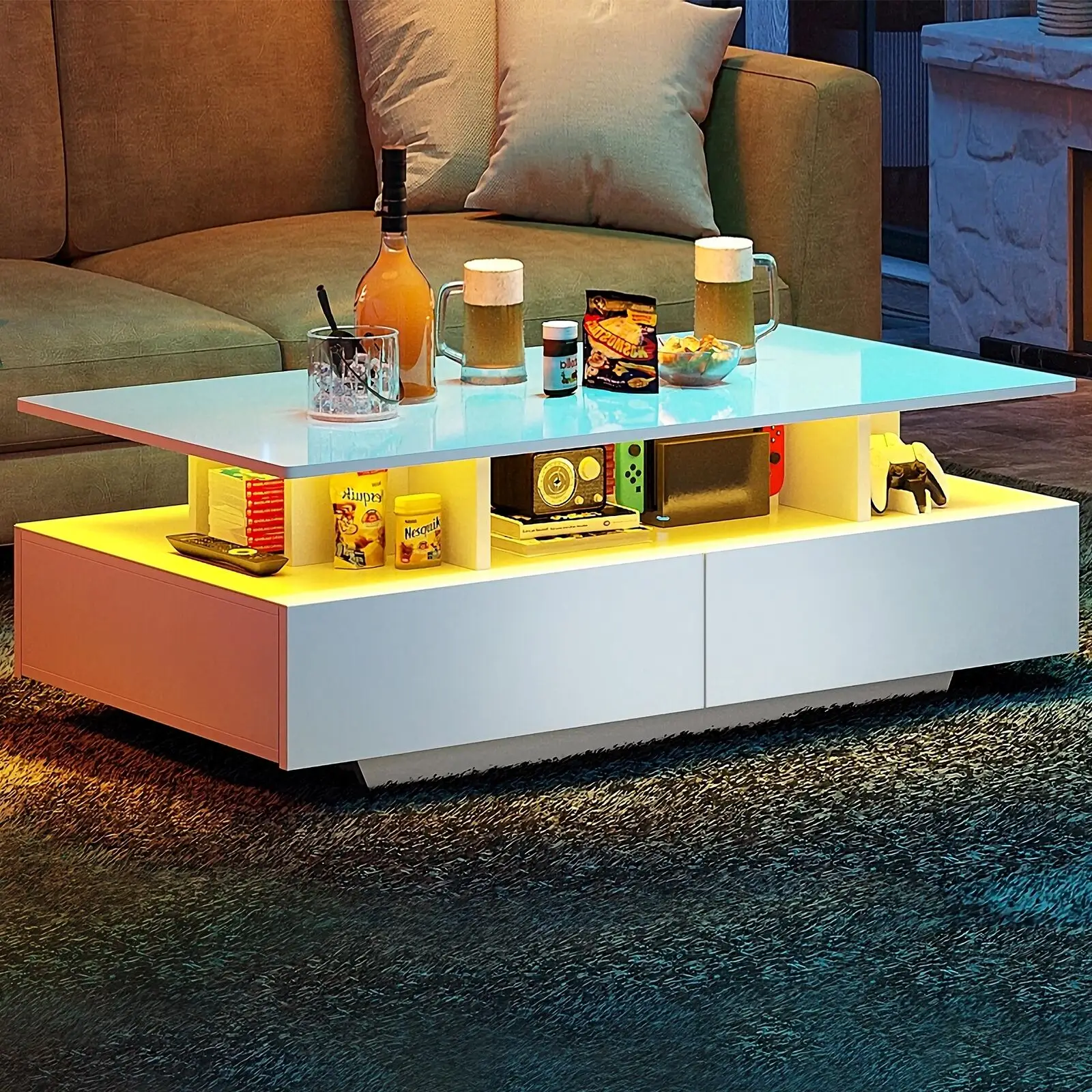 YITAHOME LED Coffee Table with Storage, High Glossy LED Coffee Tables for Living Room, Small Center Table with Open Display Shelf & Sliding Drawers